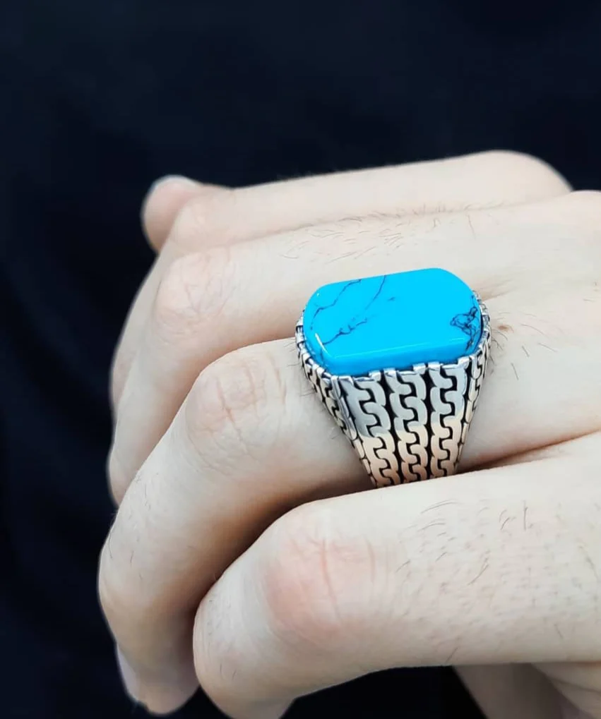 RARE PRINCE by CARAT SUTRA | Unique Turkish Gucci Style Ring with Natural Irani Turquoise (Firoza) | 925 Sterling Silver Oxidized Ring | Men's Jewelry | With Certificate of Authenticity and 925 Hallmark - Image 2