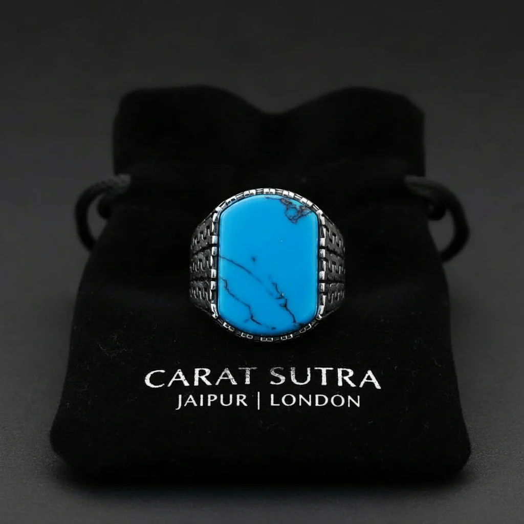 RARE PRINCE by CARAT SUTRA | Unique Turkish Gucci Style Ring with Natural Irani Turquoise (Firoza) | 925 Sterling Silver Oxidized Ring | Men's Jewelry | With Certificate of Authenticity and 925 Hallmark - Image 3