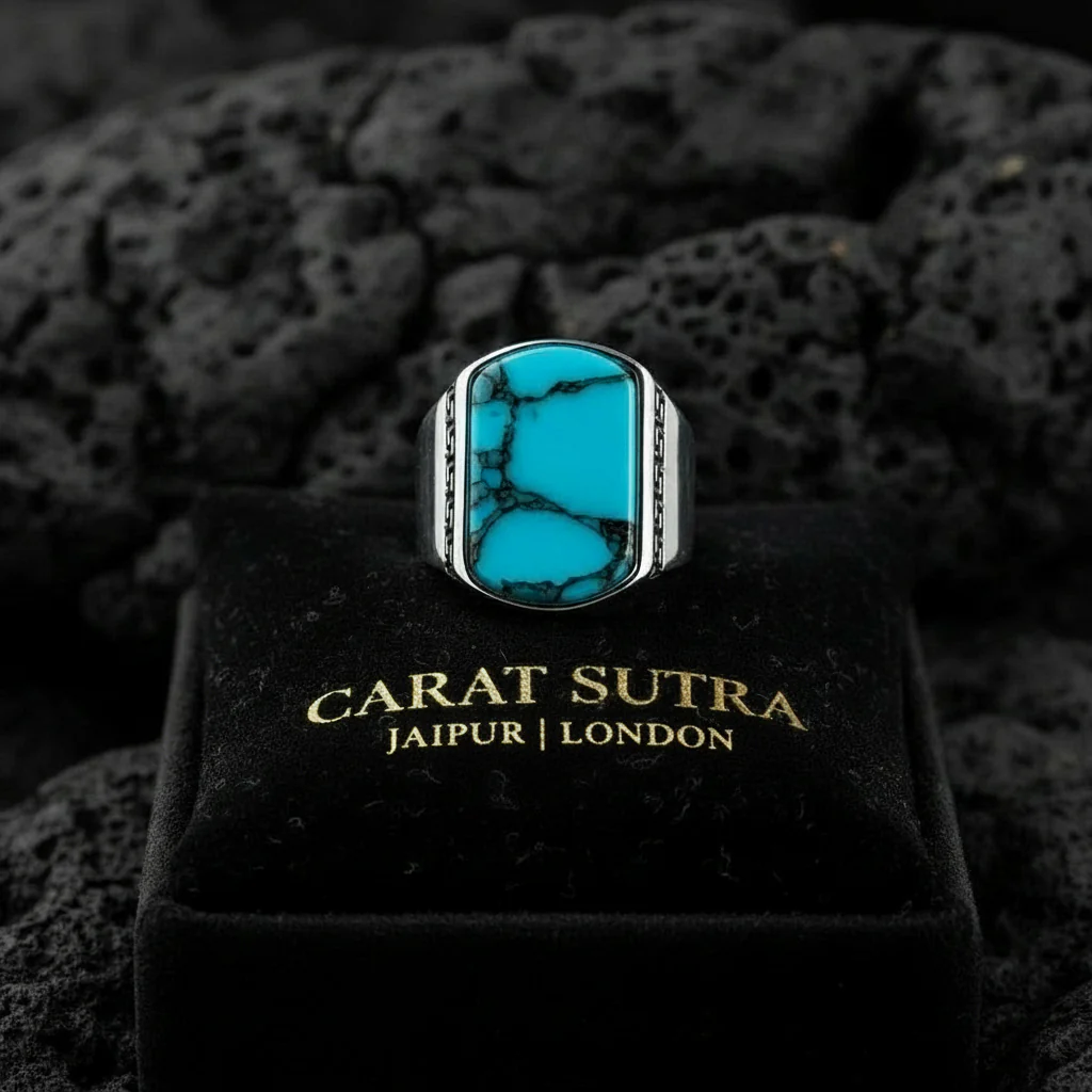 Unique Turkish Style Ring with Natural Irani Turquoise (Firoza) | 925 Sterling Silver Oxidized Ring | With Certificate of Authenticity and 925 Hallmark