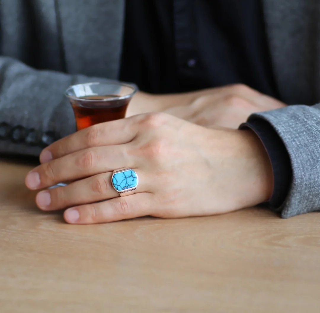 Unique Turkish Style Ring with Natural Irani Turquoise (Firoza) | 925 Sterling Silver Oxidized Ring | With Certificate of Authenticity and 925 Hallmark - Image 2