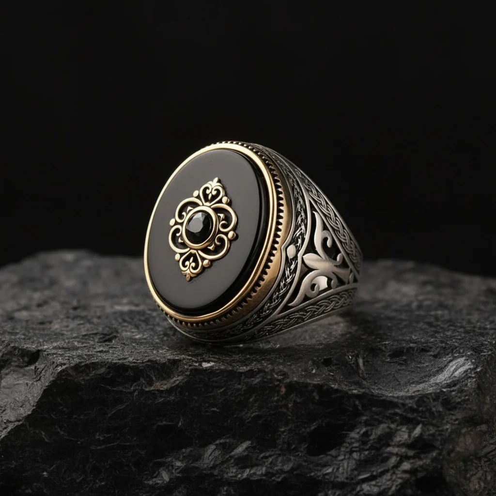 RARE PRINCE by CARAT SUTRA | Unique Turkish Style Ring with Natural Black Onyx | 925 Sterling Silver Oxidized Ring | Men's Jewelry | With Certificate of Authenticity and 925 Hallmark