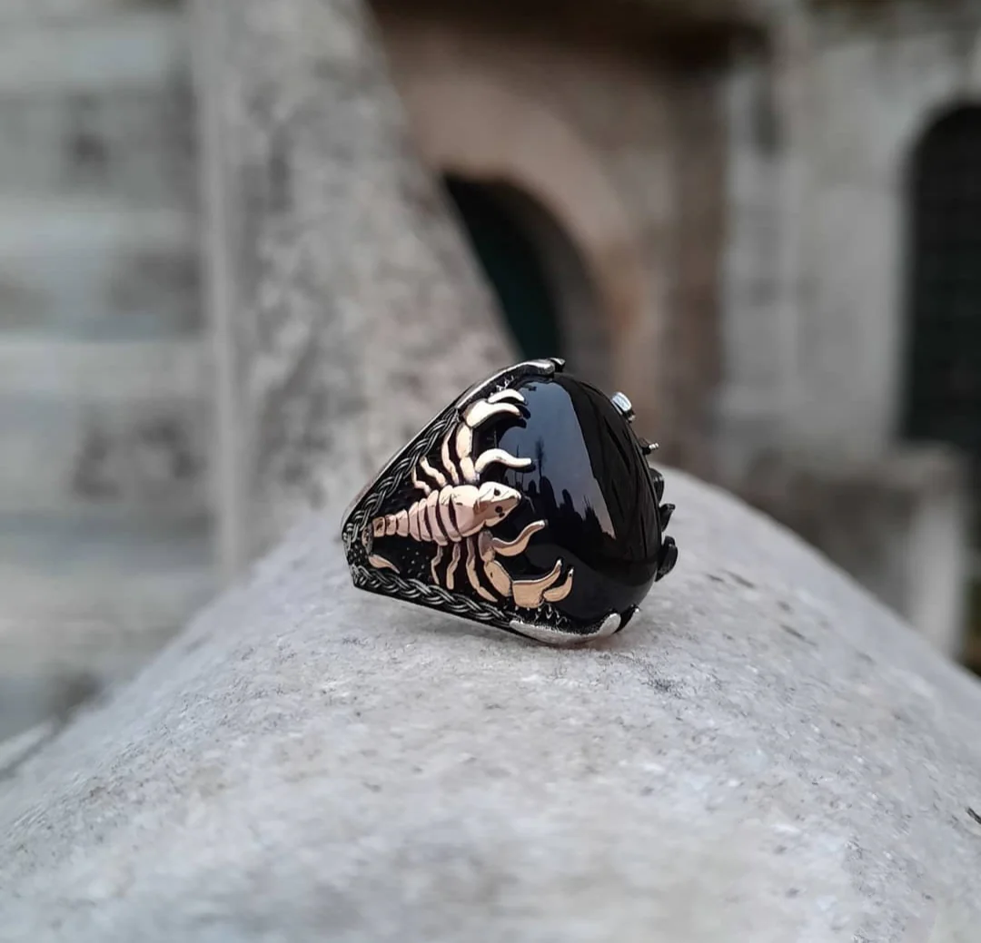 RARE PRINCE by CARAT SUTRA | Unique Turkish Style Scorpion Ring with Natural Black Onyx (Cabochon) | 925 Sterling Silver Oxidized Zodiac Ring | Men's Jewelry | With Certificate of Authenticity and 925 Hallmark - Image 3