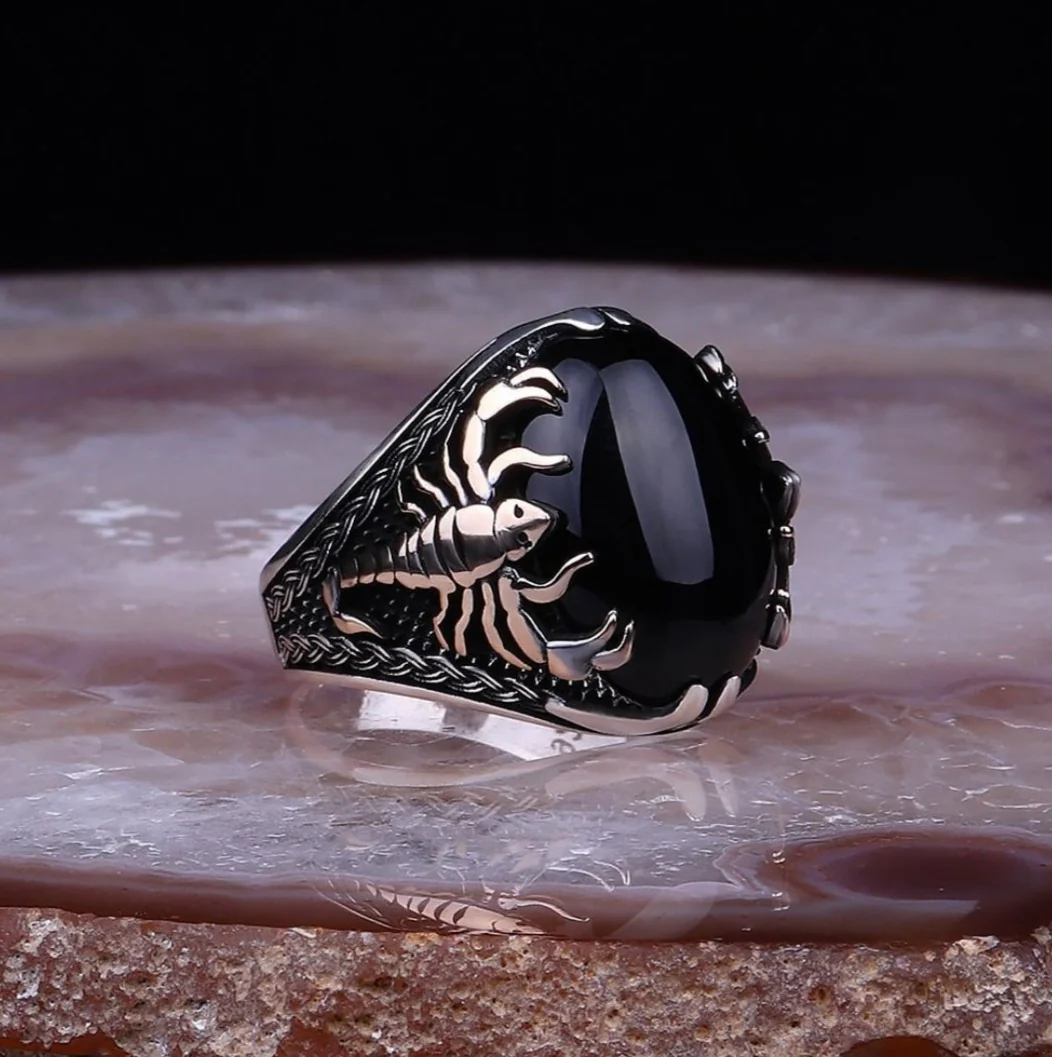 RARE PRINCE by CARAT SUTRA | Unique Turkish Style Scorpion Ring with Natural Black Onyx (Cabochon) | 925 Sterling Silver Oxidized Zodiac Ring | Men's Jewelry | With Certificate of Authenticity and 925 Hallmark - Image 4