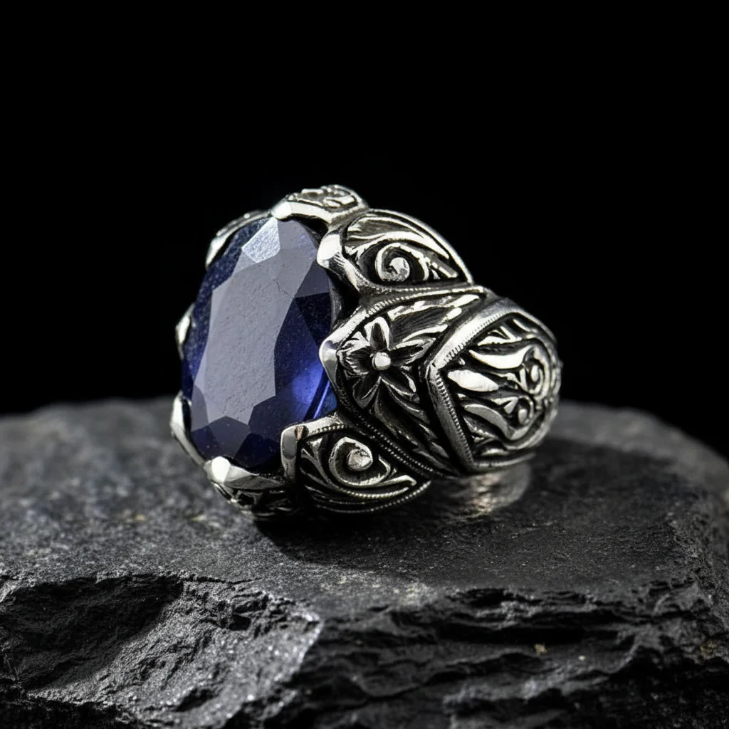 RARE PRINCE by CARAT SUTRA | Unique Turkish Style Ring with Blue S Sapphire | 925 Sterling Silver Oxidized Ring | Men's Jewelry | With Certificate of Authenticity and 925 Hallmark - Image 2
