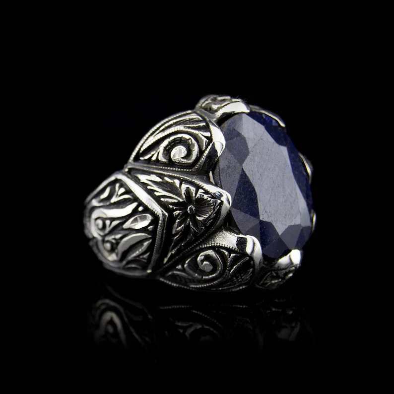 RARE PRINCE by CARAT SUTRA | Unique Turkish Style Ring with Blue S Sapphire | 925 Sterling Silver Oxidized Ring | Men's Jewelry | With Certificate of Authenticity and 925 Hallmark - Image 3