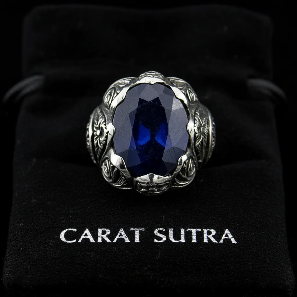 RARE PRINCE by CARAT SUTRA | Unique Turkish Style Ring with Blue S Sapphire | 925 Sterling Silver Oxidized Ring | Men's Jewelry | With Certificate of Authenticity and 925 Hallmark - Image 4