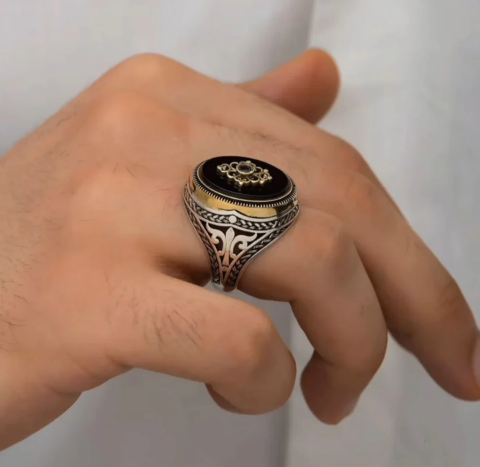 RARE PRINCE by CARAT SUTRA | Unique Turkish Style Ring with Natural Black Onyx | 925 Sterling Silver Oxidized Ring | Men's Jewelry | With Certificate of Authenticity and 925 Hallmark - Image 3