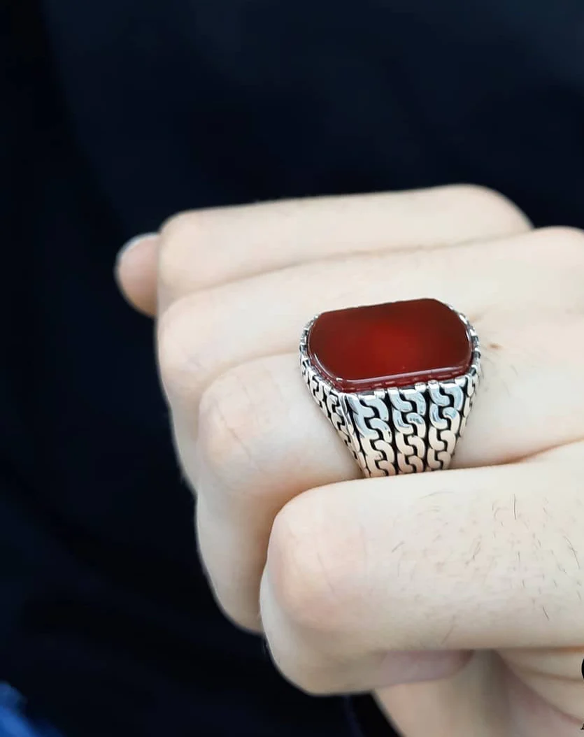 RARE PRINCE by CARAT SUTRA | Unique Turkish Gucci Style Ring with Natural Red Agate | 925 Sterling Silver Oxidized Ring | Men's Jewelry | With Certificate of Authenticity and 925 Hallmark - Image 3