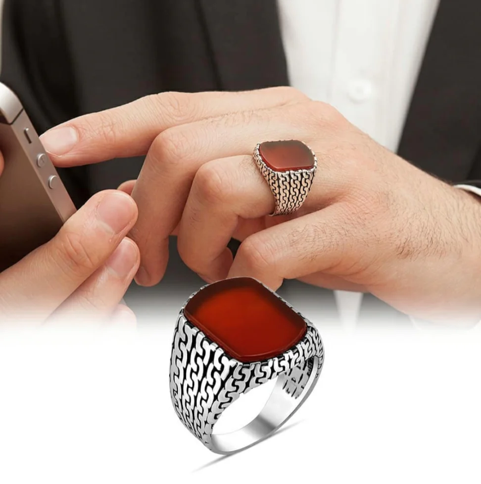 RARE PRINCE by CARAT SUTRA | Unique Turkish Gucci Style Ring with Natural Red Agate | 925 Sterling Silver Oxidized Ring | Men's Jewelry | With Certificate of Authenticity and 925 Hallmark - Image 4