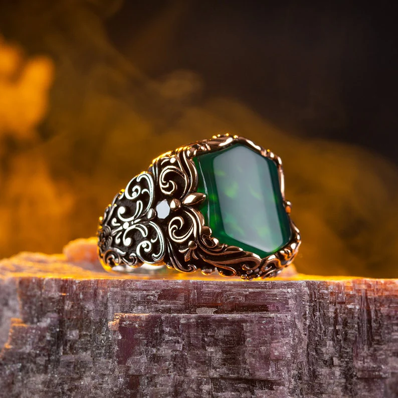 RARE PRINCE by CARAT SUTRA | Unique Turkish Style Ring with Natural Green Onyx | 925 Sterling Silver Oxidized Ring | Men's Jewelry | With Certificate of Authenticity and 925 Hallmark