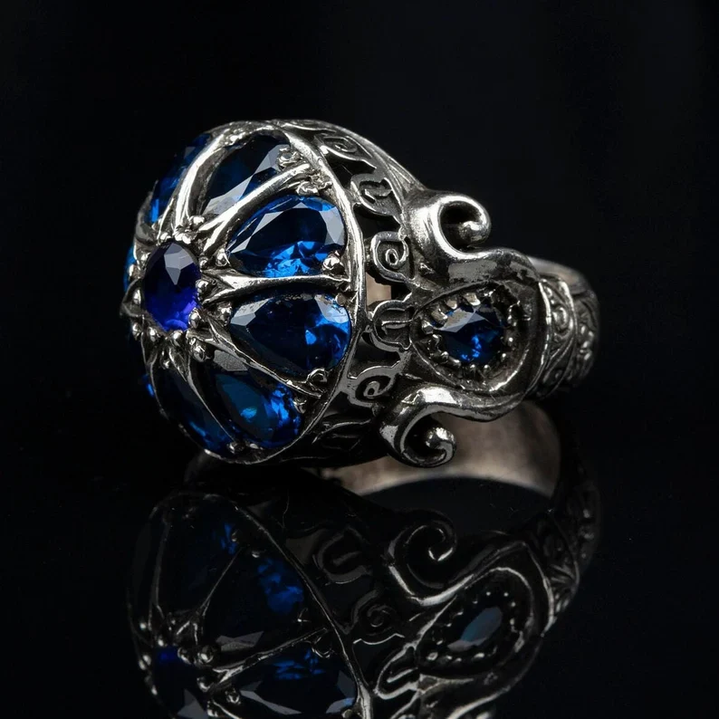 RARE PRINCE by CARAT SUTRA | Unique Turkish Style Ring with Victorian Blue Zircon | 925 Sterling Silver Oxidized Ring | Men's Jewelry | With Certificate of Authenticity and 925 Hallmark - Image 2