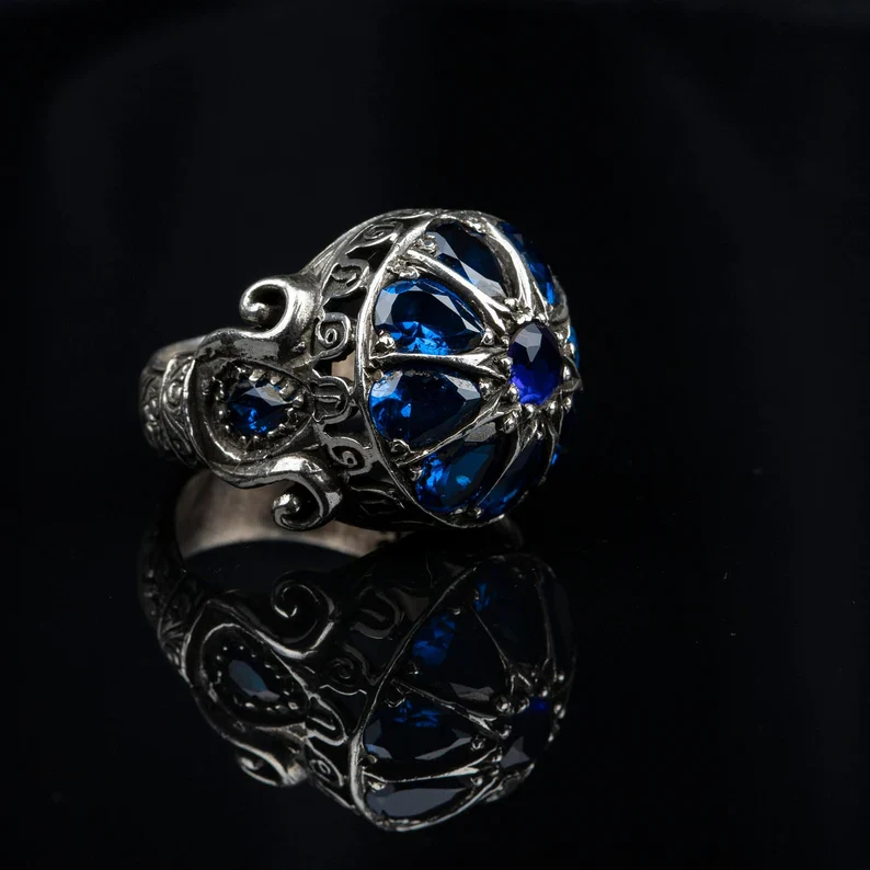 RARE PRINCE by CARAT SUTRA | Unique Turkish Style Ring with Victorian Blue Zircon | 925 Sterling Silver Oxidized Ring | Men's Jewelry | With Certificate of Authenticity and 925 Hallmark - Image 4