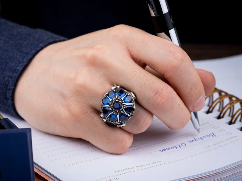 RARE PRINCE by CARAT SUTRA | Unique Turkish Style Ring with Victorian Blue Zircon | 925 Sterling Silver Oxidized Ring | Men's Jewelry | With Certificate of Authenticity and 925 Hallmark - Image 5