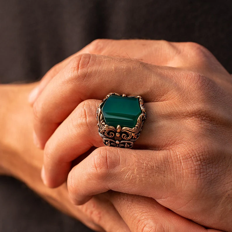 RARE PRINCE by CARAT SUTRA | Unique Turkish Style Ring with Natural Green Onyx | 925 Sterling Silver Oxidized Ring | Men's Jewelry | With Certificate of Authenticity and 925 Hallmark - Image 3