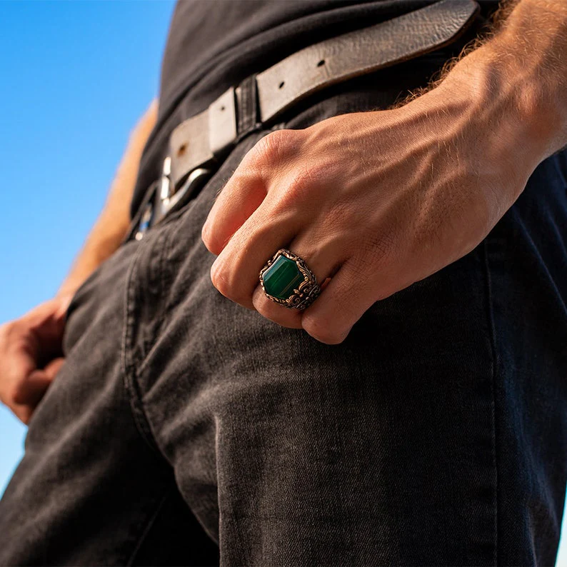 RARE PRINCE by CARAT SUTRA | Unique Turkish Style Ring with Natural Green Onyx | 925 Sterling Silver Oxidized Ring | Men's Jewelry | With Certificate of Authenticity and 925 Hallmark - Image 4