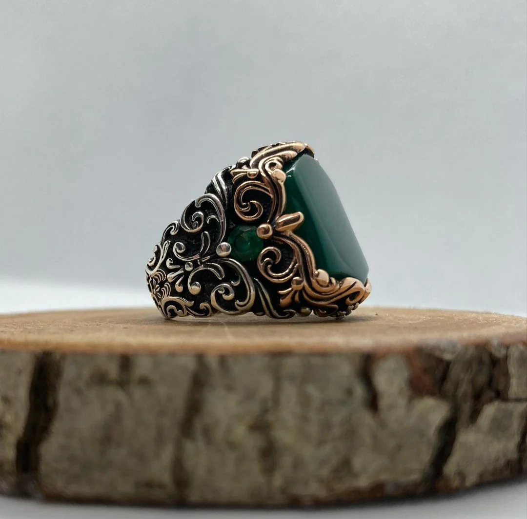 RARE PRINCE by CARAT SUTRA | Unique Turkish Style Ring with Natural Green Onyx | 925 Sterling Silver Oxidized Ring | Men's Jewelry | With Certificate of Authenticity and 925 Hallmark - Image 5