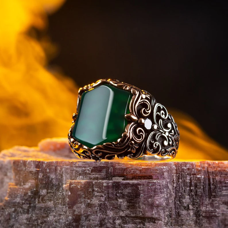 RARE PRINCE by CARAT SUTRA | Unique Turkish Style Ring with Natural Green Onyx | 925 Sterling Silver Oxidized Ring | Men's Jewelry | With Certificate of Authenticity and 925 Hallmark - Image 6