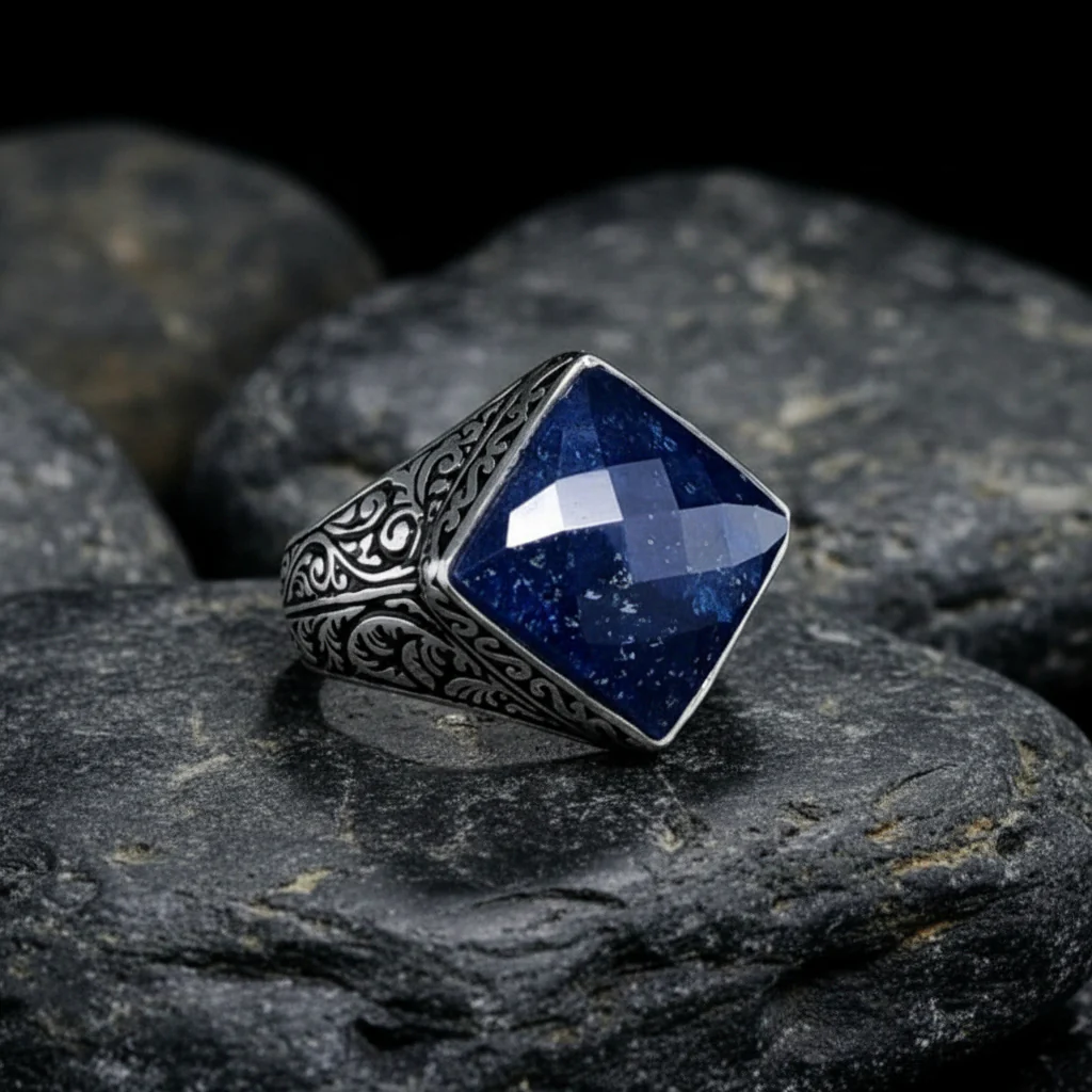 RARE PRINCE by CARAT SUTRA | Unique Turkish Style Ring with Faceted Natural Blue Lapis Lazuli | 925 Sterling Silver Oxidized Ring | Men's Jewelry | With Certificate of Authenticity and 925 Hallmark