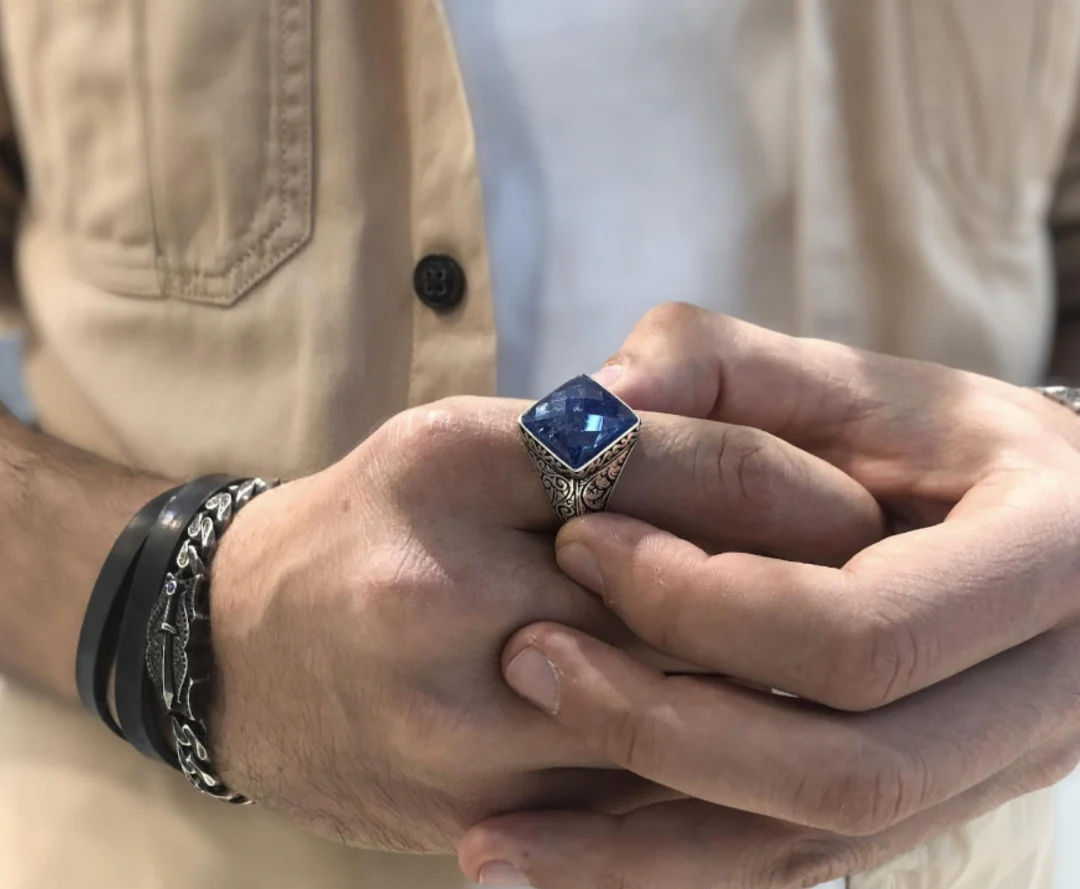 RARE PRINCE by CARAT SUTRA | Unique Turkish Style Ring with Faceted Natural Blue Lapis Lazuli | 925 Sterling Silver Oxidized Ring | Men's Jewelry | With Certificate of Authenticity and 925 Hallmark - Image 2