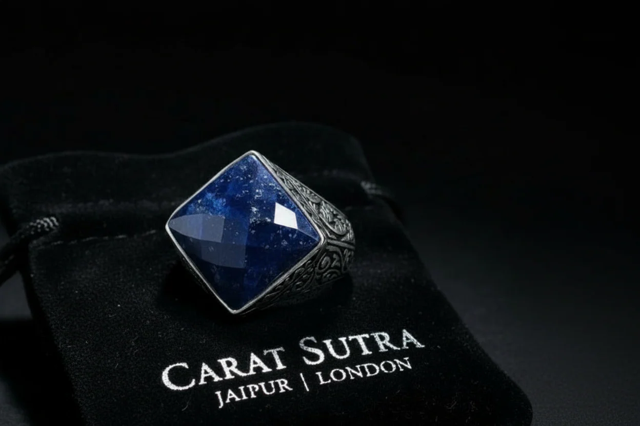 RARE PRINCE by CARAT SUTRA | Unique Turkish Style Ring with Faceted Natural Blue Lapis Lazuli | 925 Sterling Silver Oxidized Ring | Men's Jewelry | With Certificate of Authenticity and 925 Hallmark - Image 3