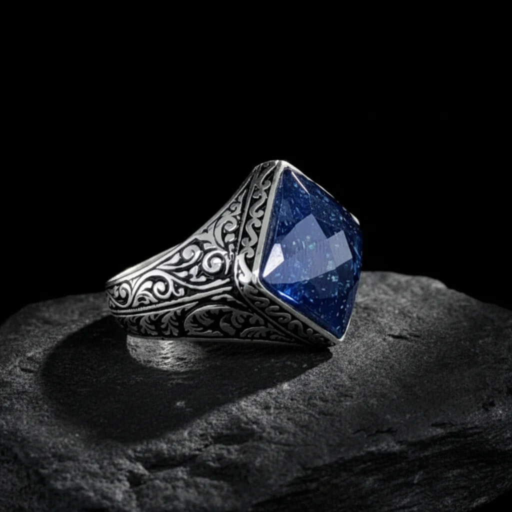 RARE PRINCE by CARAT SUTRA | Unique Turkish Style Ring with Faceted Natural Blue Lapis Lazuli | 925 Sterling Silver Oxidized Ring | Men's Jewelry | With Certificate of Authenticity and 925 Hallmark - Image 4