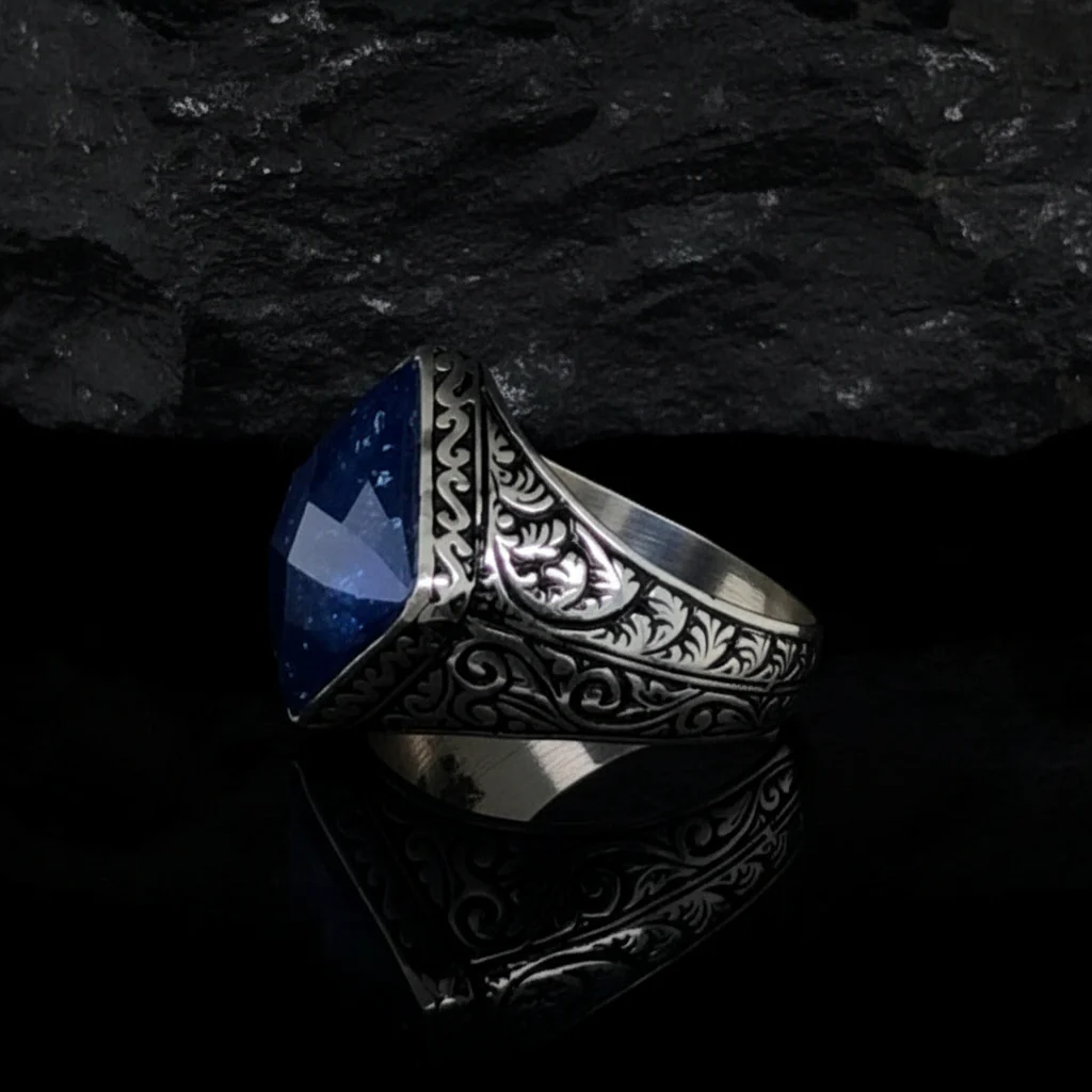 RARE PRINCE by CARAT SUTRA | Unique Turkish Style Ring with Faceted Natural Blue Lapis Lazuli | 925 Sterling Silver Oxidized Ring | Men's Jewelry | With Certificate of Authenticity and 925 Hallmark - Image 5
