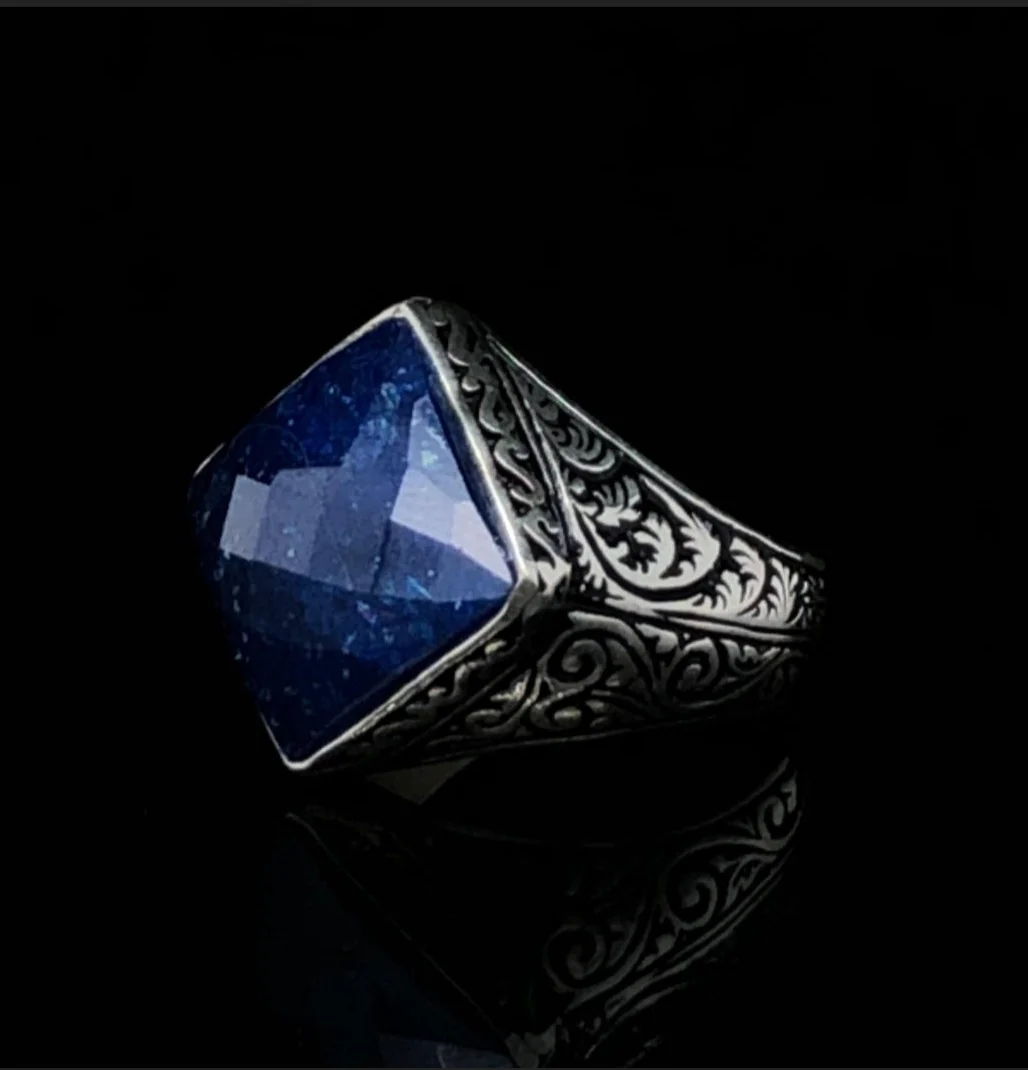 RARE PRINCE by CARAT SUTRA | Unique Turkish Style Ring with Faceted Natural Blue Lapis Lazuli | 925 Sterling Silver Oxidized Ring | Men's Jewelry | With Certificate of Authenticity and 925 Hallmark - Image 6