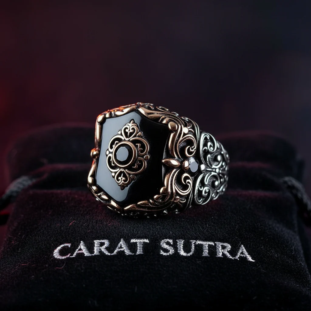 RARE PRINCE by CARAT SUTRA | Unique Turkish Style Ring with Natural Black Onyx | 925 Sterling Silver Oxidized Ring | Men's Jewelry | With Certificate of Authenticity and 925 Hallmark - Image 3