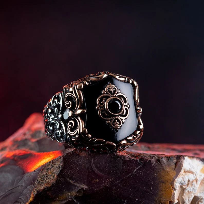RARE PRINCE by CARAT SUTRA | Unique Turkish Style Ring with Natural Black Onyx | 925 Sterling Silver Oxidized Ring | Men's Jewelry | With Certificate of Authenticity and 925 Hallmark - Image 4