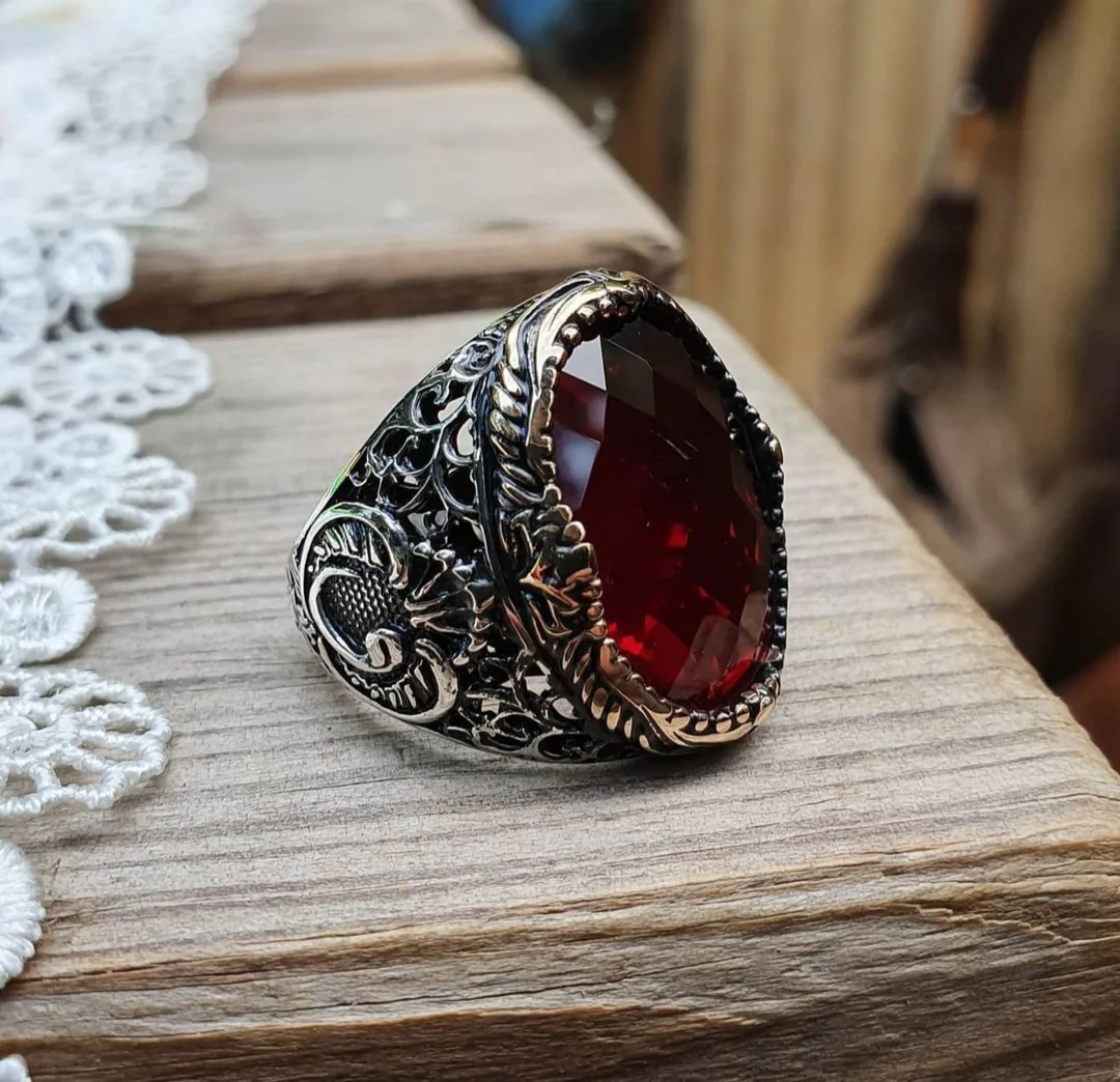 RARE PRINCE by CARAT SUTRA | Unique Turkish Style Ring with Faceted Red Zircon | 925 Sterling Silver Oxidized Ring | Men's Jewelry | With Certificate of Authenticity and 925 Hallmark