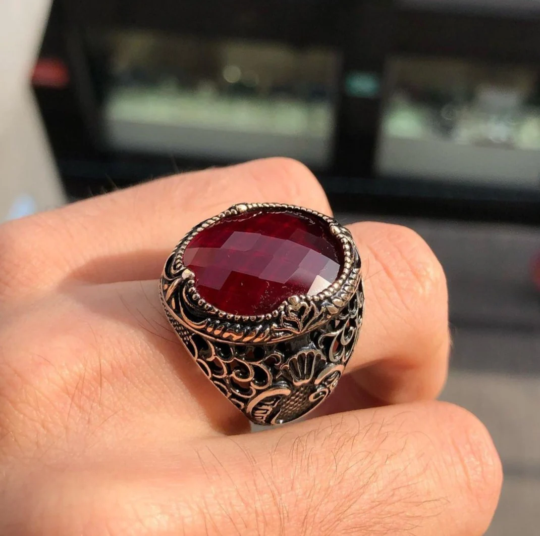 RARE PRINCE by CARAT SUTRA | Unique Turkish Style Ring with Faceted Red Zircon | 925 Sterling Silver Oxidized Ring | Men's Jewelry | With Certificate of Authenticity and 925 Hallmark - Image 2
