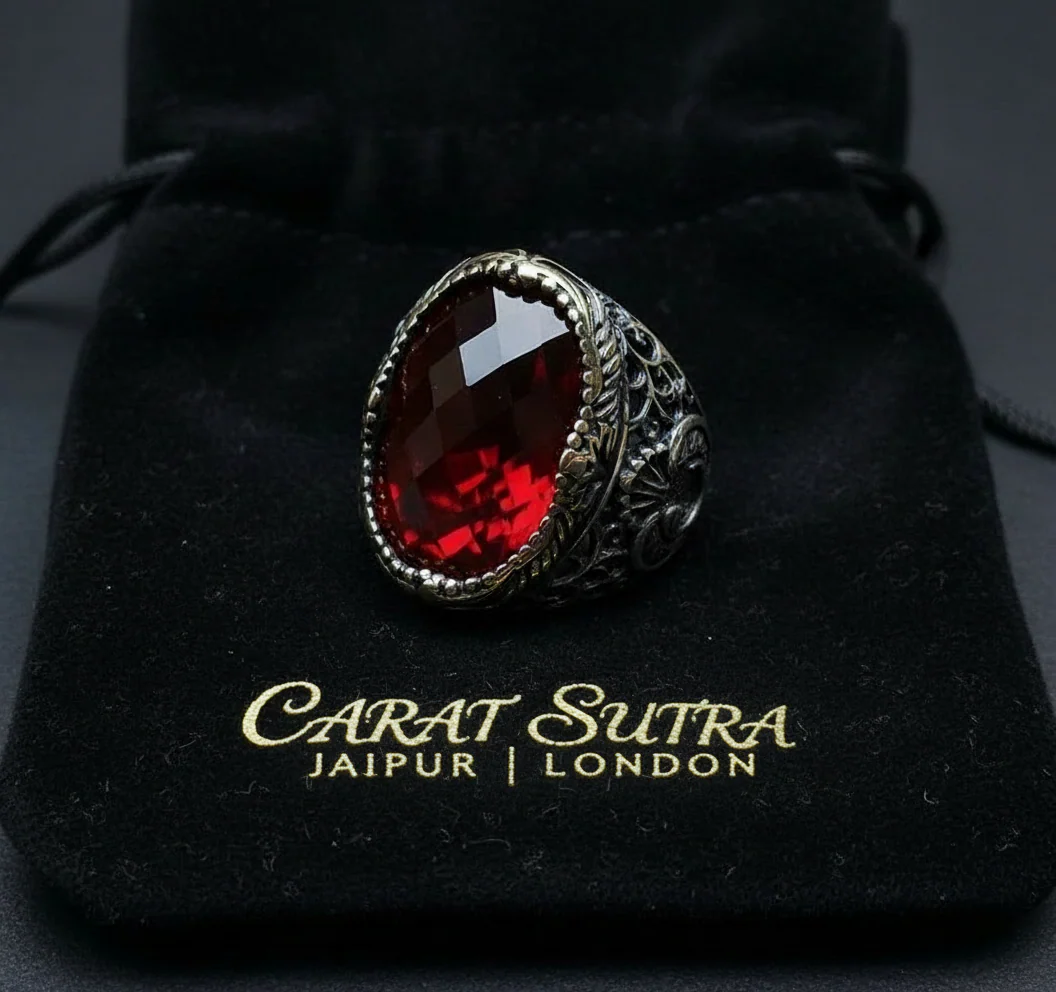 RARE PRINCE by CARAT SUTRA | Unique Turkish Style Ring with Faceted Red Zircon | 925 Sterling Silver Oxidized Ring | Men's Jewelry | With Certificate of Authenticity and 925 Hallmark - Image 3