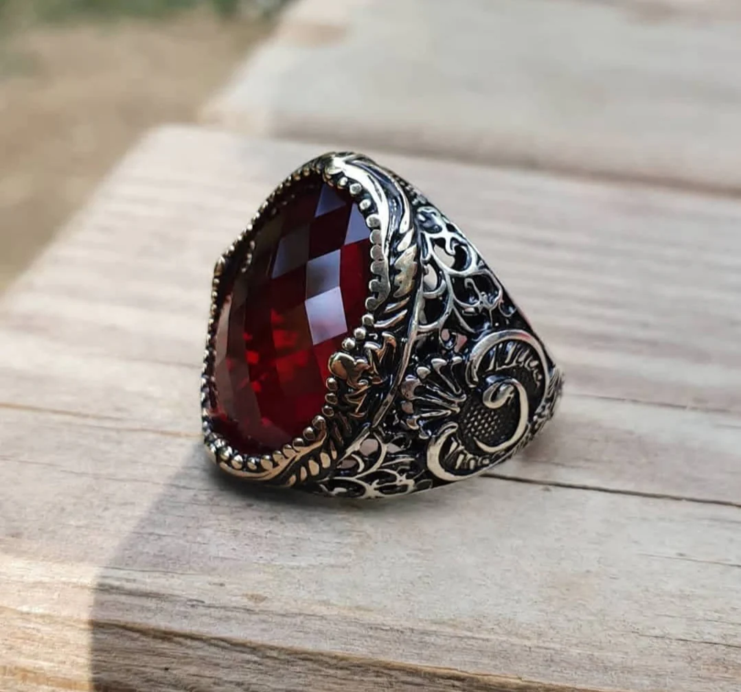 RARE PRINCE by CARAT SUTRA | Unique Turkish Style Ring with Faceted Red Zircon | 925 Sterling Silver Oxidized Ring | Men's Jewelry | With Certificate of Authenticity and 925 Hallmark - Image 4