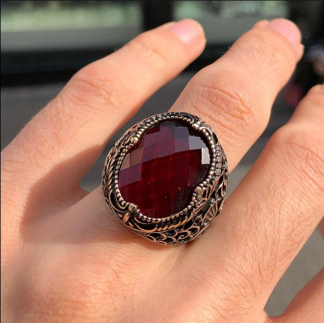 RARE PRINCE by CARAT SUTRA | Unique Turkish Style Ring with Faceted Red Zircon | 925 Sterling Silver Oxidized Ring | Men's Jewelry | With Certificate of Authenticity and 925 Hallmark - Image 5