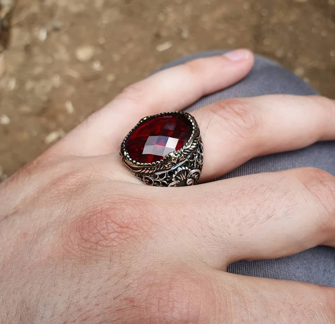RARE PRINCE by CARAT SUTRA | Unique Turkish Style Ring with Faceted Red Zircon | 925 Sterling Silver Oxidized Ring | Men's Jewelry | With Certificate of Authenticity and 925 Hallmark - Image 6