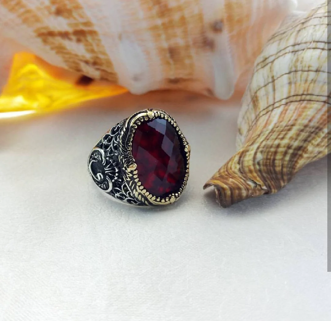 RARE PRINCE by CARAT SUTRA | Unique Turkish Style Ring with Faceted Red Zircon | 925 Sterling Silver Oxidized Ring | Men's Jewelry | With Certificate of Authenticity and 925 Hallmark - Image 7