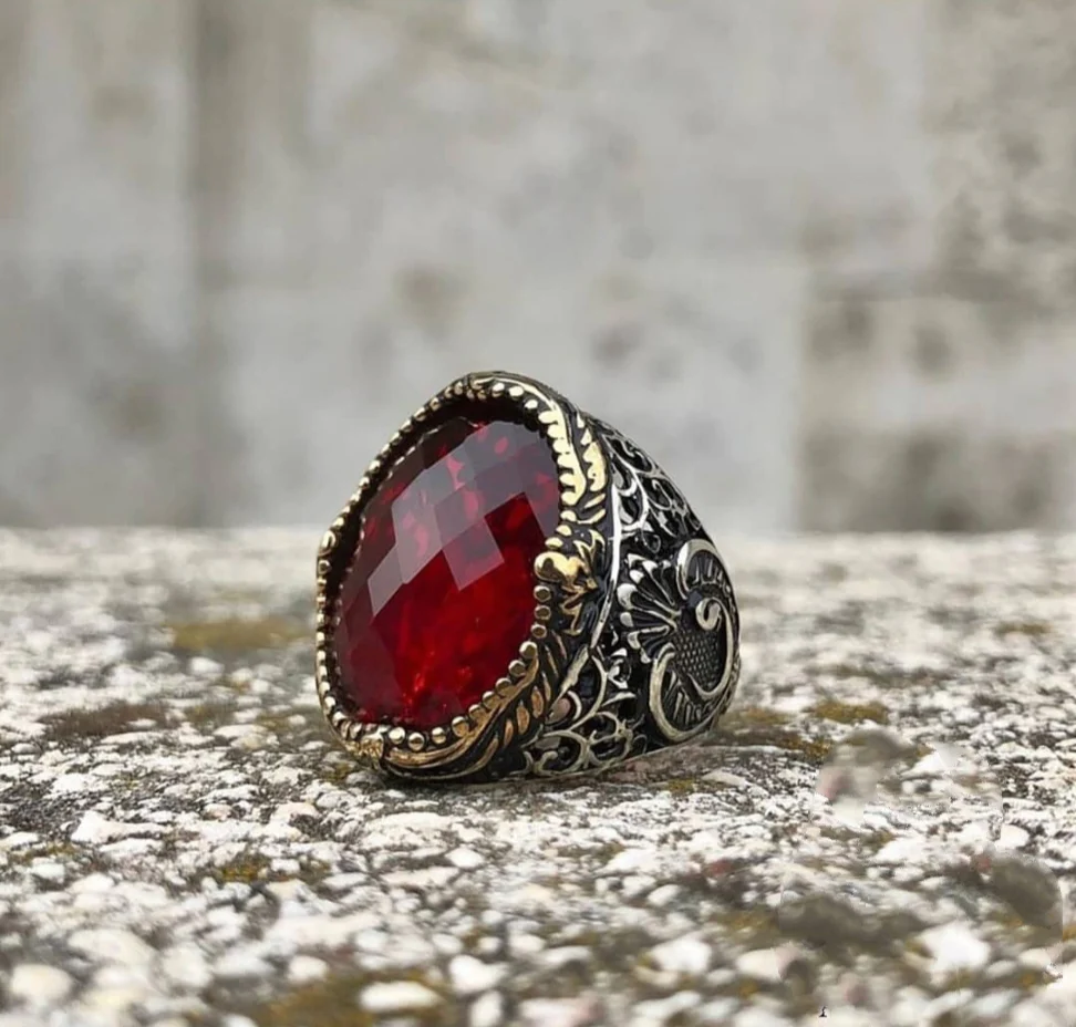 RARE PRINCE by CARAT SUTRA | Unique Turkish Style Ring with Faceted Red Zircon | 925 Sterling Silver Oxidized Ring | Men's Jewelry | With Certificate of Authenticity and 925 Hallmark - Image 8