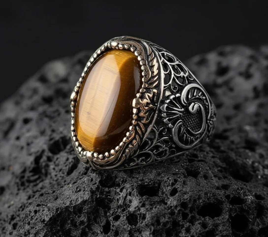 RARE PRINCE by CARAT SUTRA | Unique Turkish Style Ring with Natural Tiger Eye | 925 Sterling Silver Oxidized Ring | Men's Jewelry | With Certificate of Authenticity and 925 Hallmark
