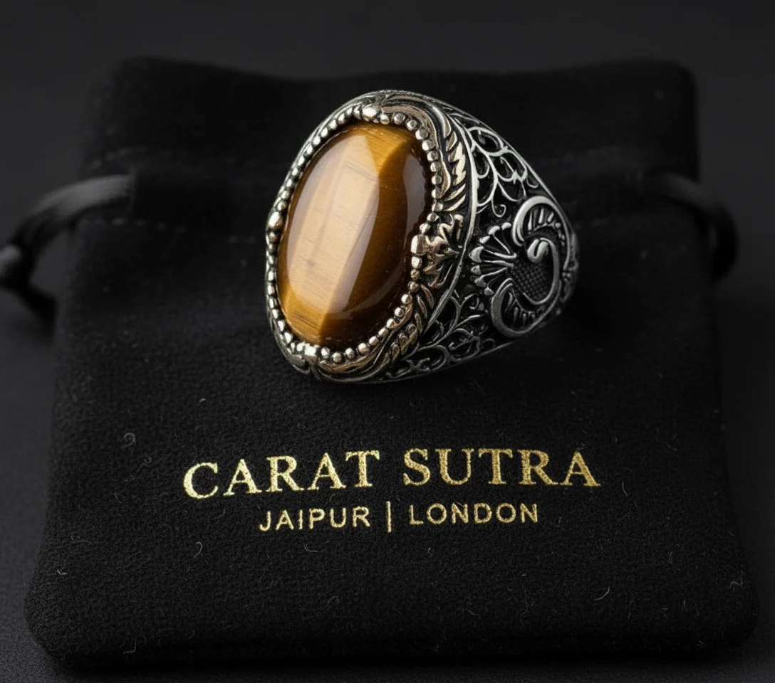 RARE PRINCE by CARAT SUTRA | Unique Turkish Style Ring with Natural Tiger Eye | 925 Sterling Silver Oxidized Ring | Men's Jewelry | With Certificate of Authenticity and 925 Hallmark - Image 2