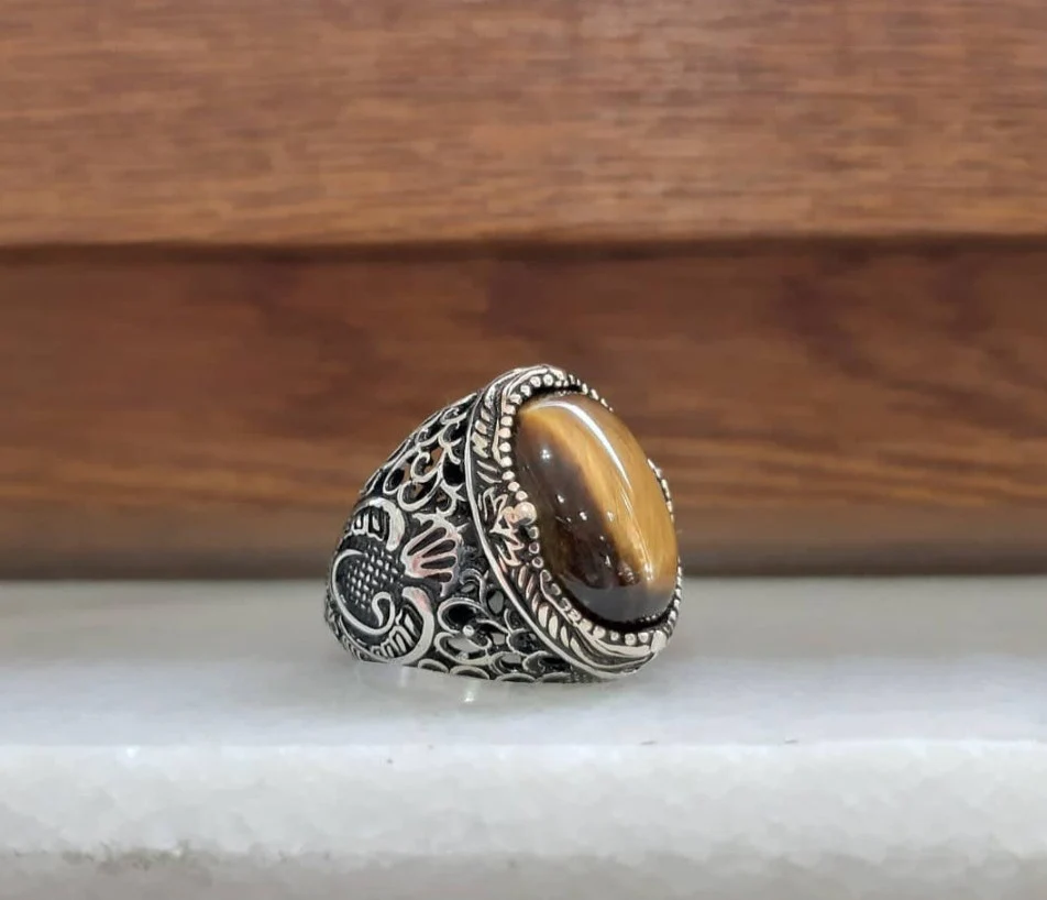 RARE PRINCE by CARAT SUTRA | Unique Turkish Style Ring with Natural Tiger Eye | 925 Sterling Silver Oxidized Ring | Men's Jewelry | With Certificate of Authenticity and 925 Hallmark - Image 5