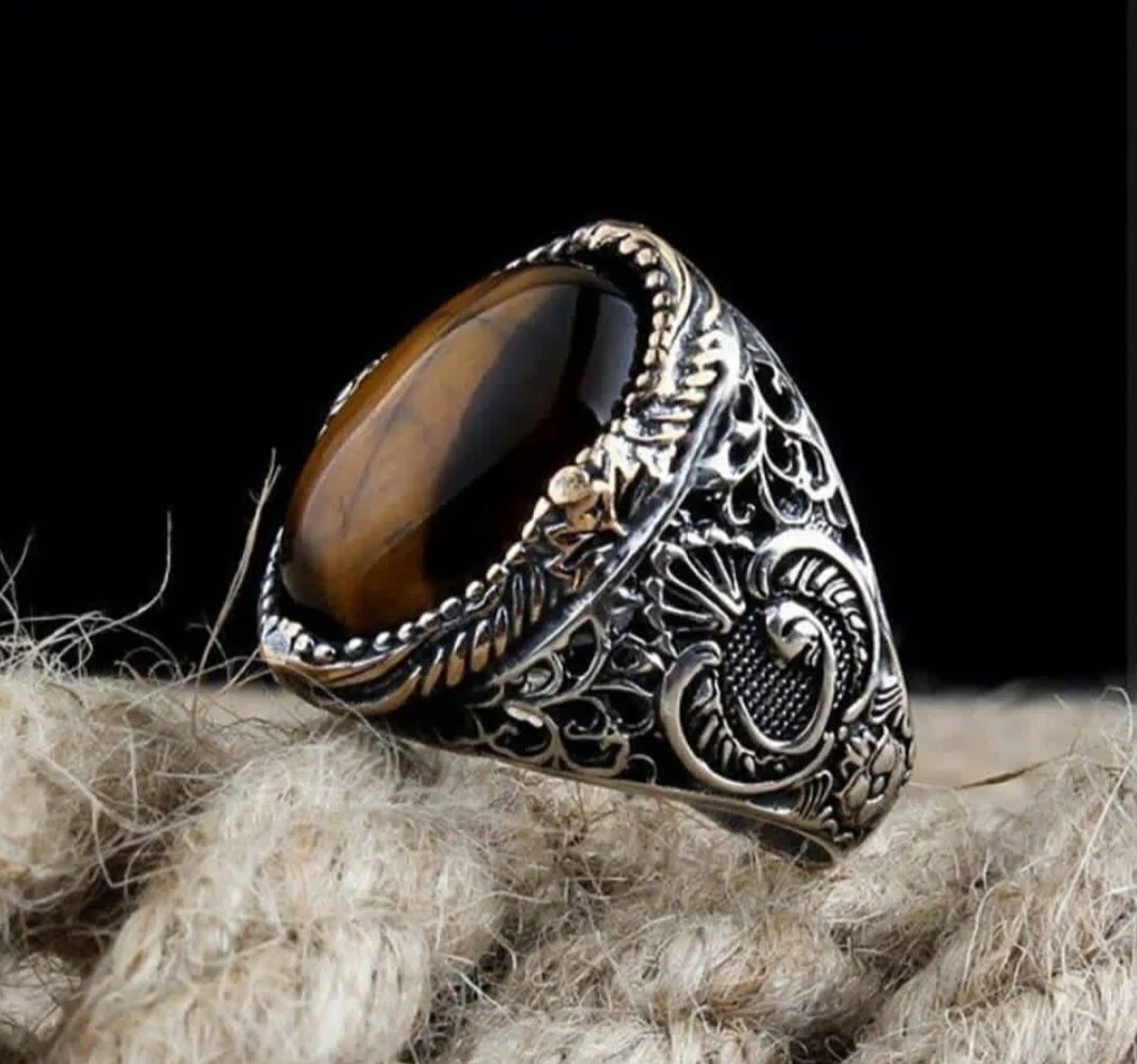RARE PRINCE by CARAT SUTRA | Unique Turkish Style Ring with Natural Tiger Eye | 925 Sterling Silver Oxidized Ring | Men's Jewelry | With Certificate of Authenticity and 925 Hallmark - Image 6