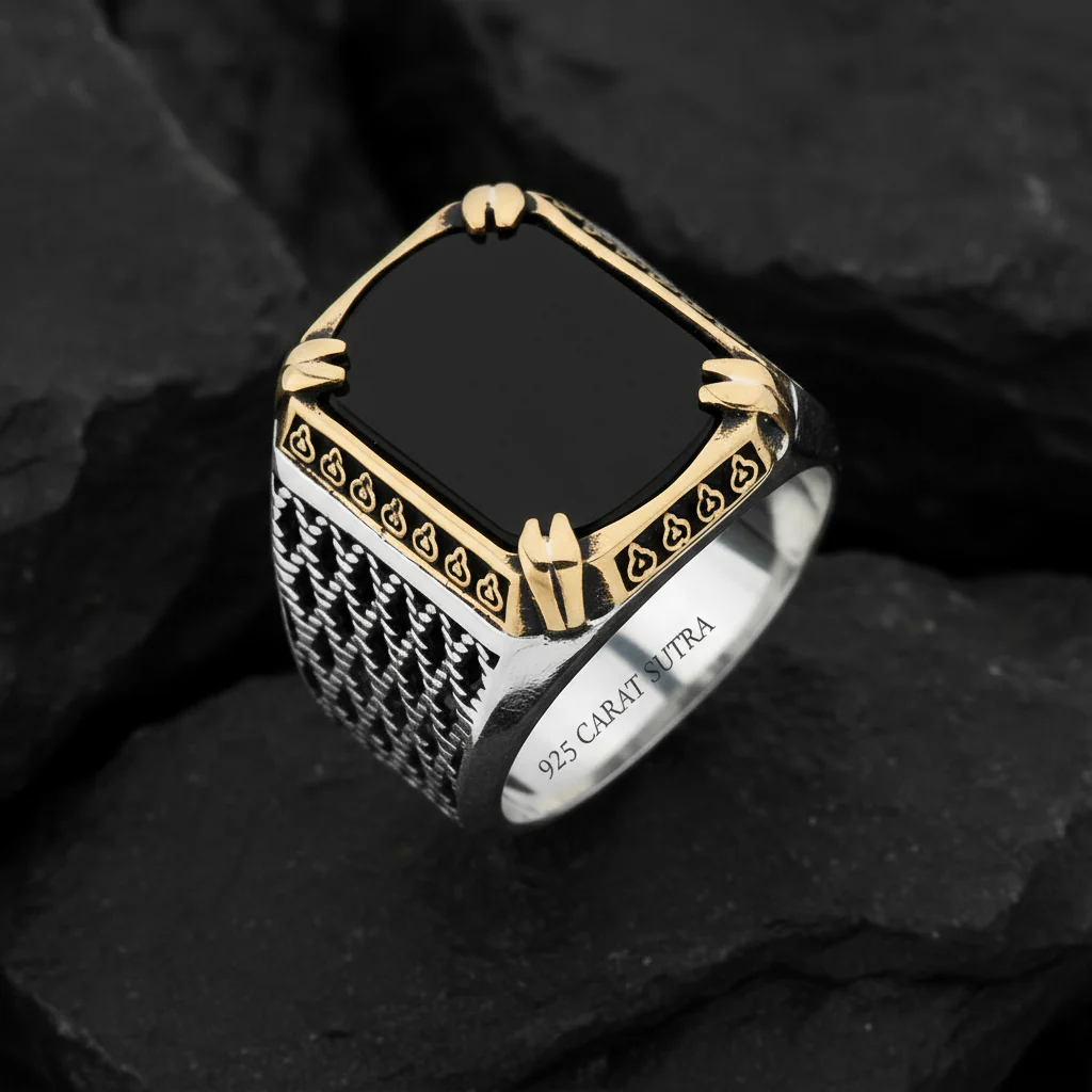 RARE PRINCE by CARAT SUTRA | Unique Turkish Style Ring with Natural Black Onyx | 925 Sterling Silver Oxidized Ring | Men's Jewelry | With Certificate of Authenticity and 925 Hallmark