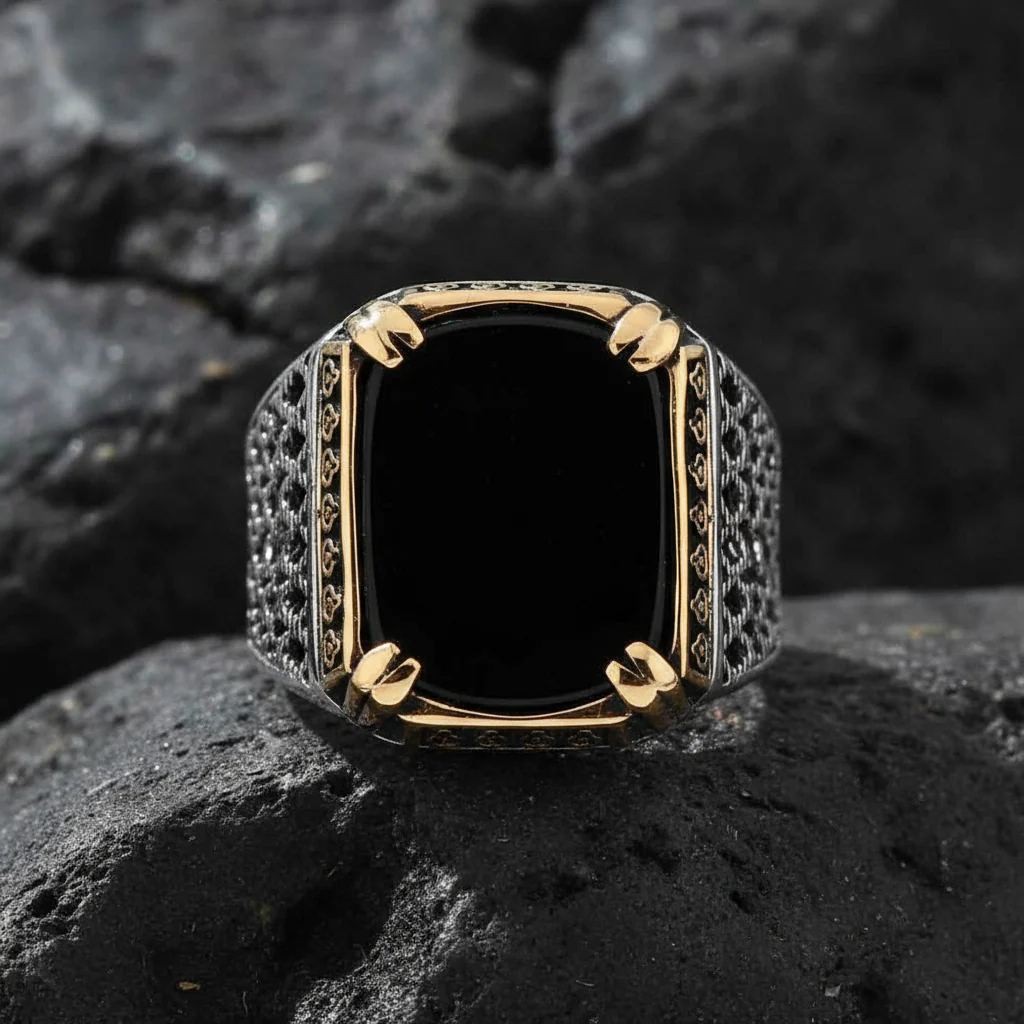 RARE PRINCE by CARAT SUTRA | Unique Turkish Style Ring with Natural Black Onyx | 925 Sterling Silver Oxidized Ring | Men's Jewelry | With Certificate of Authenticity and 925 Hallmark - Image 5