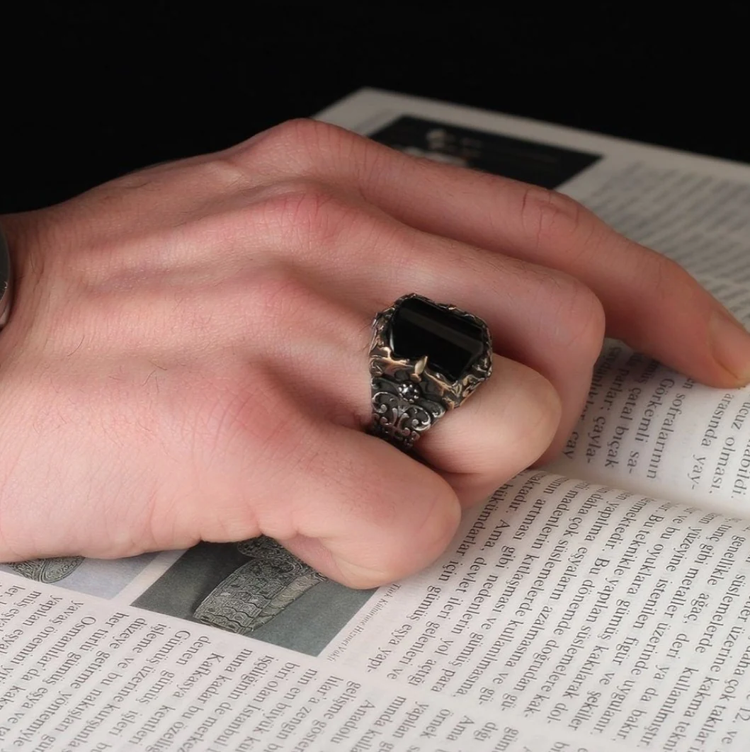 RARE PRINCE by CARAT SUTRA | Unique Turkish Style Ring with Faceted Black Zircon | 925 Sterling Silver Oxidized Ring | Men's Jewelry | With Certificate of Authenticity and 925 Hallmark - Image 6