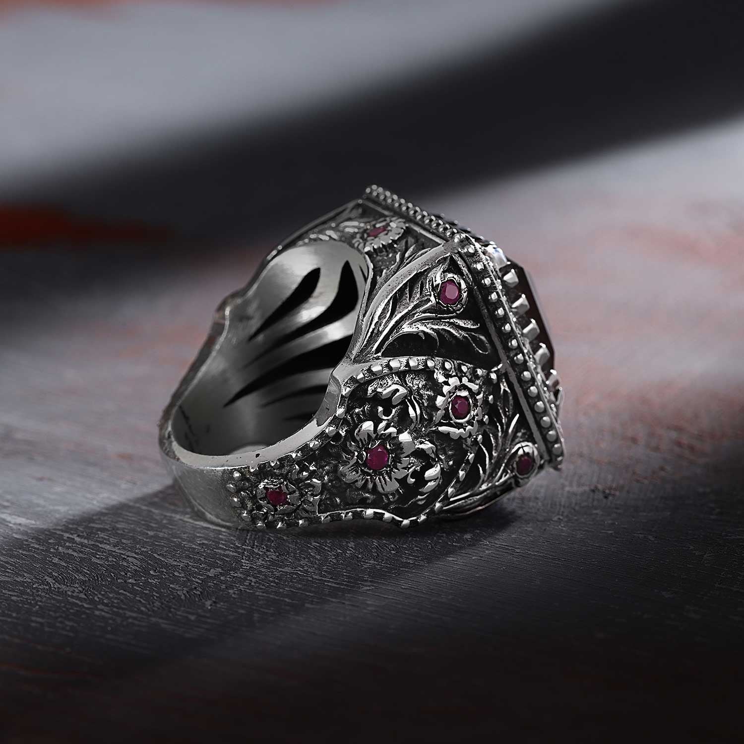 RARE PRINCE by CARAT SUTRA | Unique Handmade Turkish Style Ring Studded with AAA+ Red Zirconia | 925 Sterling Silver Oxidized Ring | Men's Jewelry | With Certificate of Authenticity and 925 Hallmark - Image 3