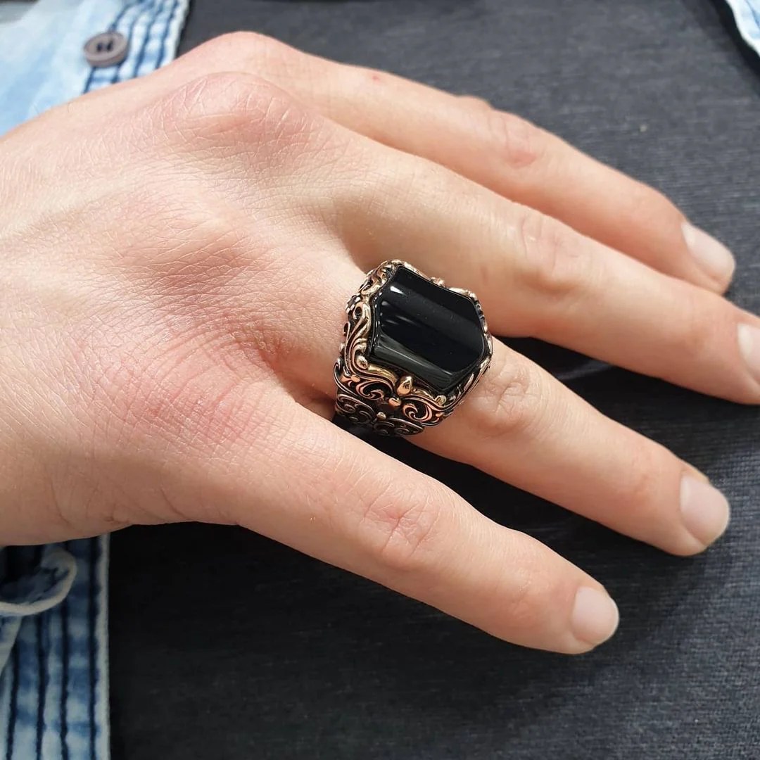 Unique Turkish Style Ring with Natural Black Onyx | 925 Sterling Silver Oxidized Ring | Men's Jewelry | With Certificate of Authenticity and 925 Hallmark - Image 3