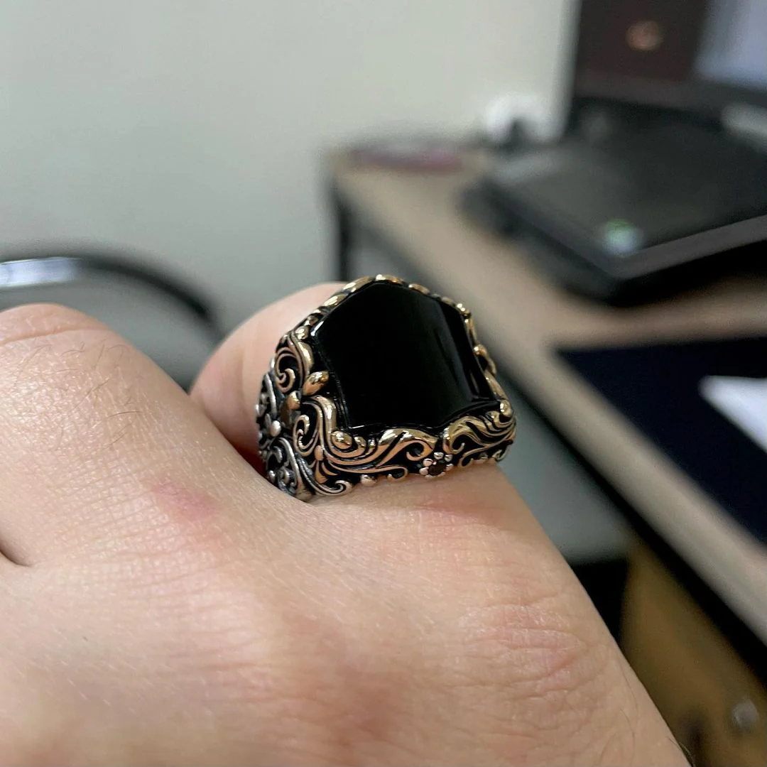 Unique Turkish Style Ring with Natural Black Onyx | 925 Sterling Silver Oxidized Ring | Men's Jewelry | With Certificate of Authenticity and 925 Hallmark - Image 4