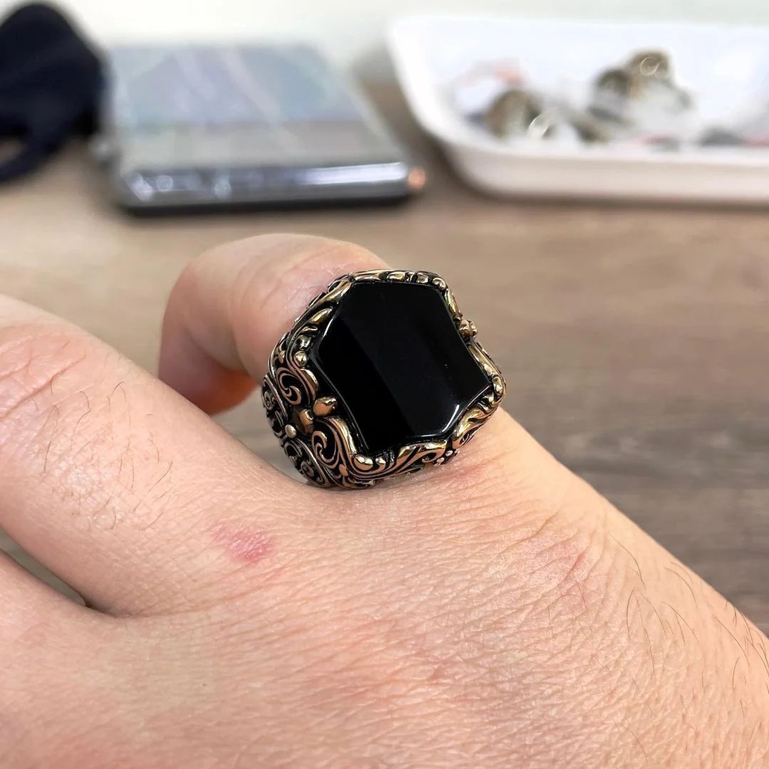 Unique Turkish Style Ring with Natural Black Onyx | 925 Sterling Silver Oxidized Ring | Men's Jewelry | With Certificate of Authenticity and 925 Hallmark - Image 5
