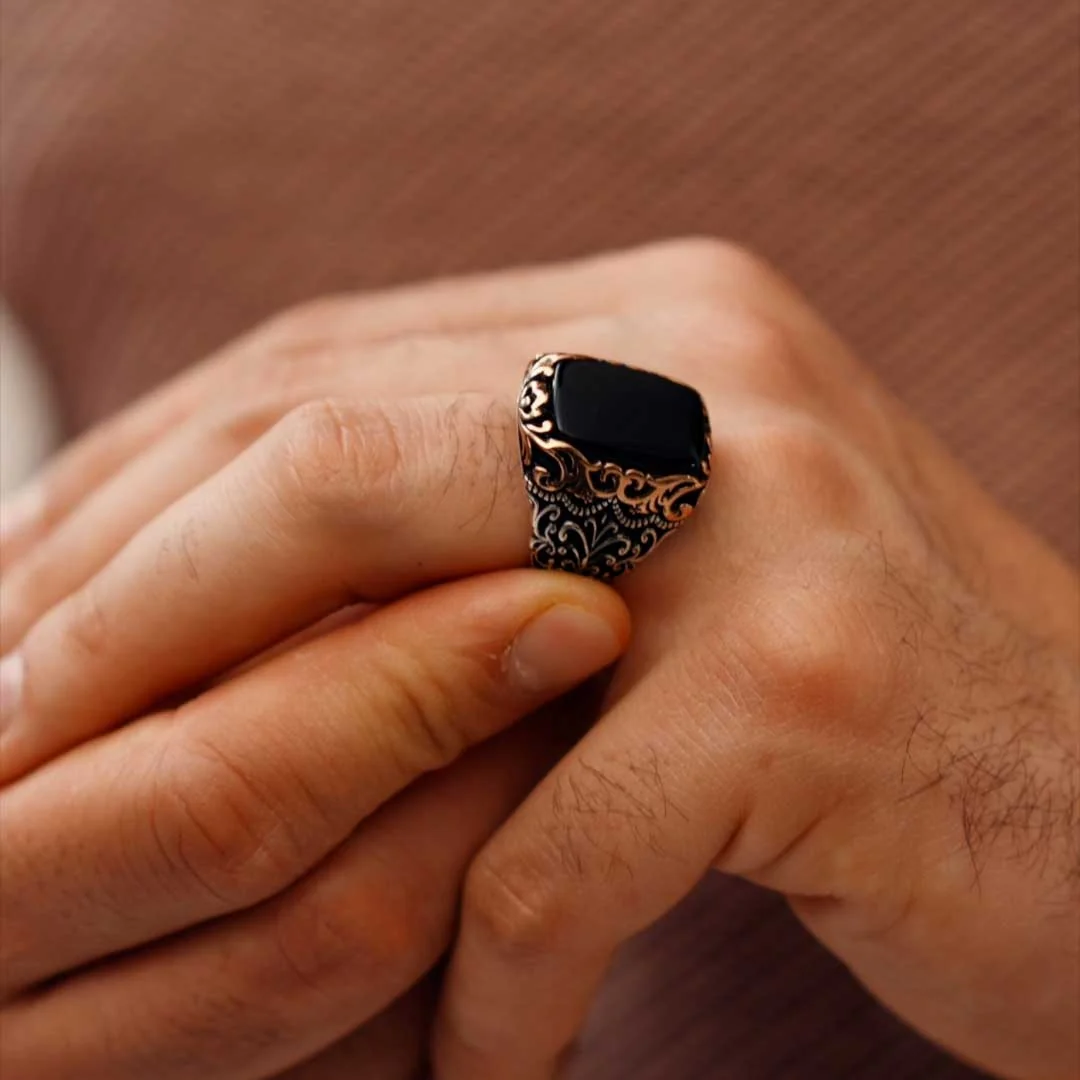 RARE PRINCE by CARAT SUTRA | Unique Turkish Style Ring with Natural Black Onyx | 925 Sterling Silver Oxidized Ring | Men's Jewelry | With Certificate of Authenticity and 925 Hallmark - Image 3