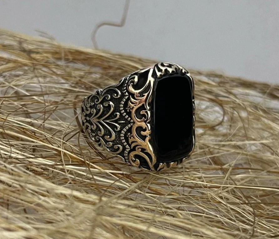 RARE PRINCE by CARAT SUTRA | Unique Turkish Style Ring with Natural Black Onyx | 925 Sterling Silver Oxidized Ring | Men's Jewelry | With Certificate of Authenticity and 925 Hallmark - Image 4